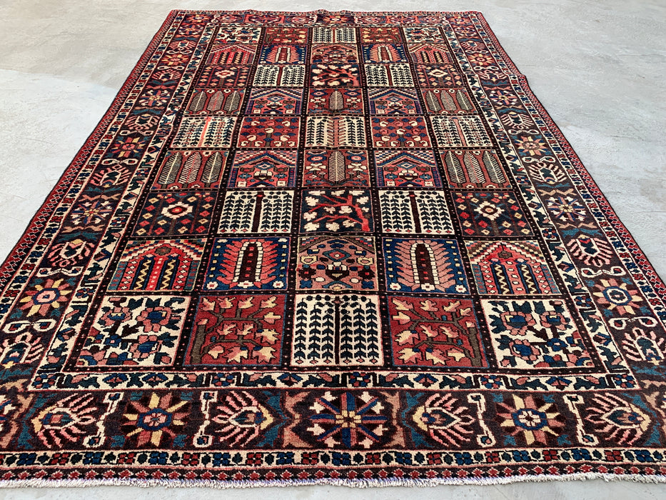 Handmade Persian Wool Area Rug 7x10 - Red Panel Persian Style Rug with Navy & Ivory Border - Exact Size 10'4" x 6'10" - KBHM-825