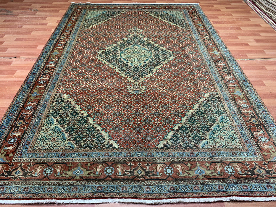 6’5” × 9’4” Hand-Knotted Persian Bijar Wool Rug – Rust Red Mahi Design with Medallion