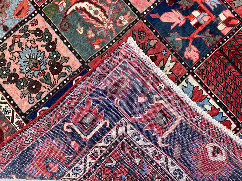 Handmade Persian Wool Area Rug 7x10 - Red Panel Persian Style Rug with Blue & Gray Tribal Border - Exact Size 10'1" x 7'0" - KBHM-854