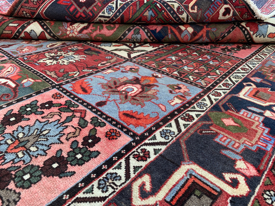 Handmade Persian Wool Area Rug 7x10 - Red Panel Persian Style Rug with Blue & Gray Tribal Border - Exact Size 10'1" x 7'0" - KBHM-854