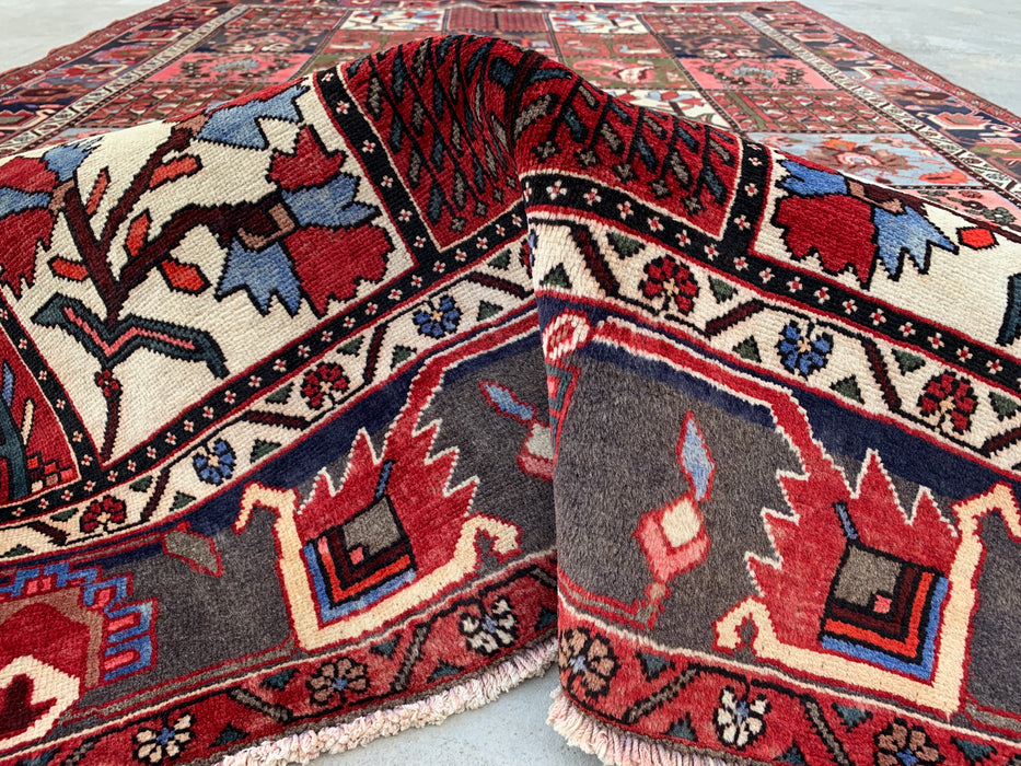 Handmade Persian Wool Area Rug 7x10 - Red Panel Persian Style Rug with Blue & Gray Tribal Border - Exact Size 10'1" x 7'0" - KBHM-854