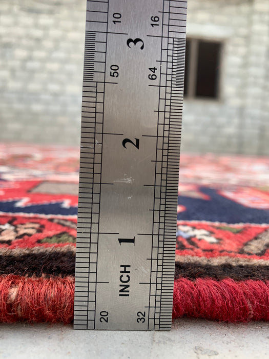 Handmade Persian Wool Area Rug 7x10 - Red Panel Persian Style Rug with Blue & Gray Tribal Border - Exact Size 10'1" x 7'0" - KBHM-854