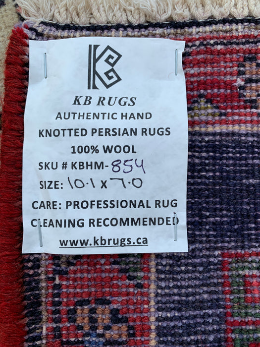 Handmade Persian Wool Area Rug 7x10 - Red Panel Persian Style Rug with Blue & Gray Tribal Border - Exact Size 10'1" x 7'0" - KBHM-854