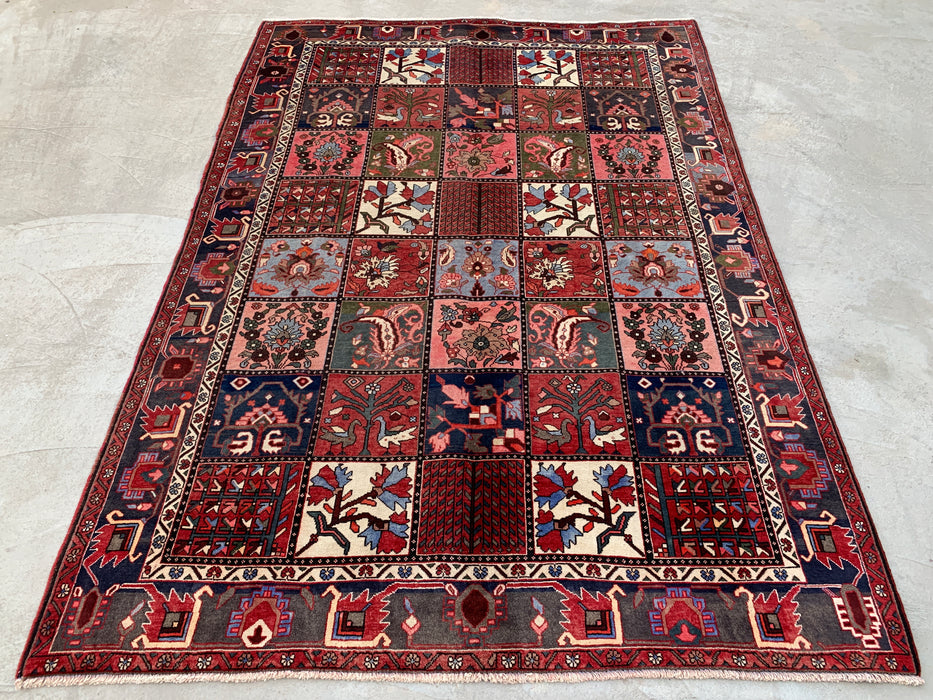 Handmade Persian Wool Area Rug 7x10 - Red Panel Persian Style Rug with Blue & Gray Tribal Border - Exact Size 10'1" x 7'0" - KBHM-854