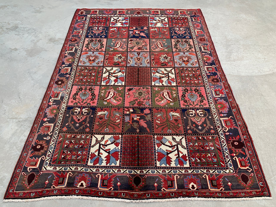 Handmade Persian Wool Area Rug 7x10 - Red Panel Persian Style Rug with Blue & Gray Tribal Border - Exact Size 10'1" x 7'0" - KBHM-854