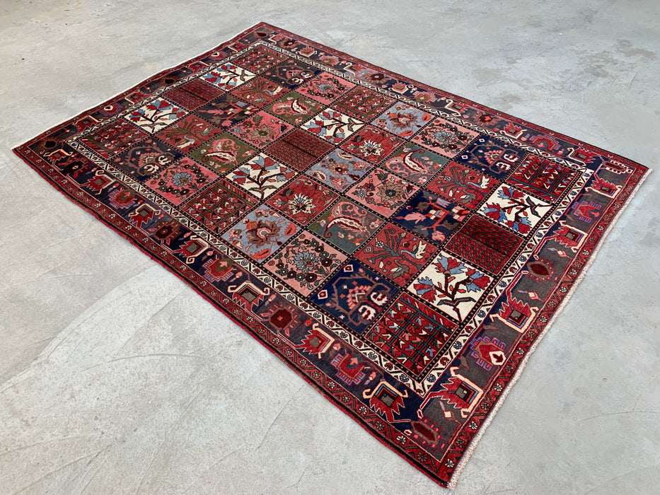 Handmade Persian Wool Area Rug 7x10 - Red Panel Persian Style Rug with Blue & Gray Tribal Border - Exact Size 10'1" x 7'0" - KBHM-854