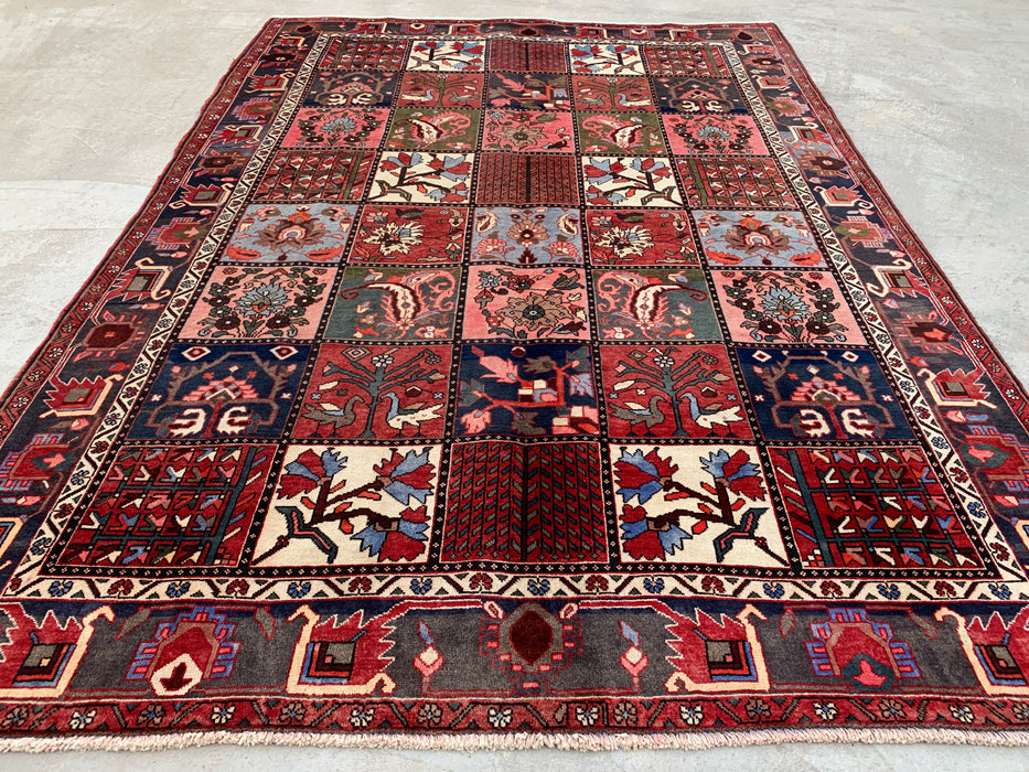 Handmade Persian Wool Area Rug 7x10 - Red Panel Persian Style Rug with Blue & Gray Tribal Border - Exact Size 10'1" x 7'0" - KBHM-854