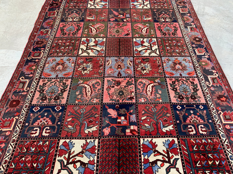 Handmade Persian Wool Area Rug 7x10 - Red Panel Persian Style Rug with Blue & Gray Tribal Border - Exact Size 10'1" x 7'0" - KBHM-854