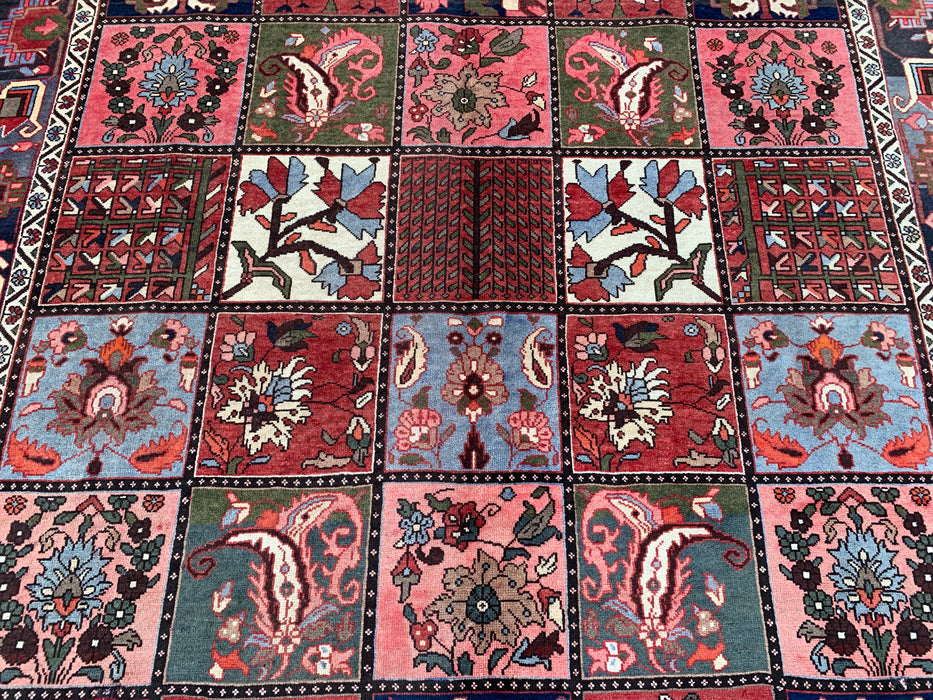 Handmade Persian Wool Area Rug 7x10 - Red Panel Persian Style Rug with Blue & Gray Tribal Border - Exact Size 10'1" x 7'0" - KBHM-854