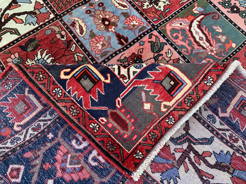 Handmade Persian Wool Area Rug 7x10 - Red Panel Persian Style Rug with Blue & Gray Tribal Border - Exact Size 10'1" x 7'0" - KBHM-854