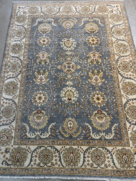5'0" × 8’0" Hand-Knotted Chobi Wool Rug – Navy Blue with Green & Ivory Border