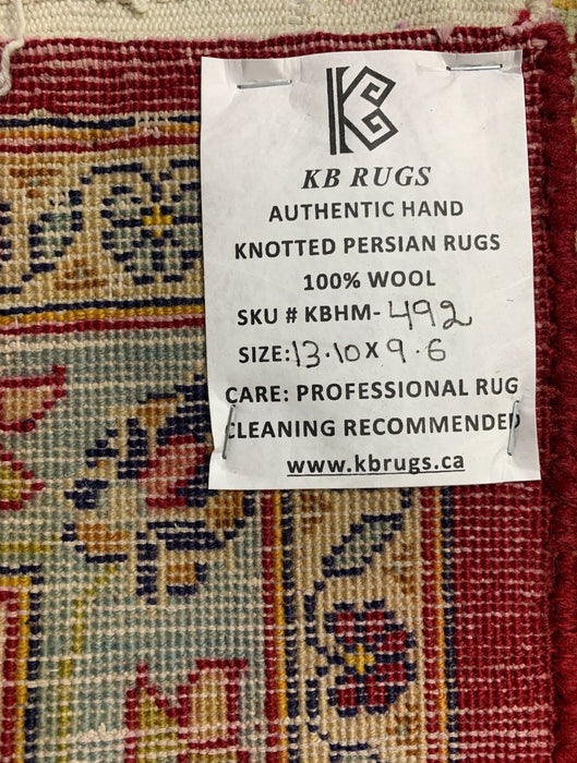 9’6” × 13’10” Hand-Knotted Persian Wool Rug – Red Field with Navy & Ivory Floral Border