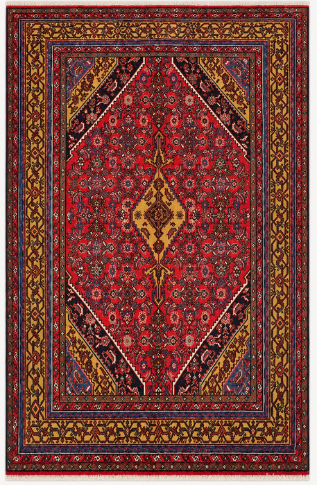 Handmade Persian Wool Area Rug 7x10 - Red, Navy & Gold Traditional Geometric Medallion Persian Style Rug - Exact Size 9'10" x 6'9" - KBHM-1030