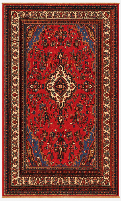 Handmade Persian Wool Area Rug 7x10 - Red, Blue & Ivory Traditional Medallion Persian Style Rug - Exact Size 10'2" x 7'3" - KBHM-1028