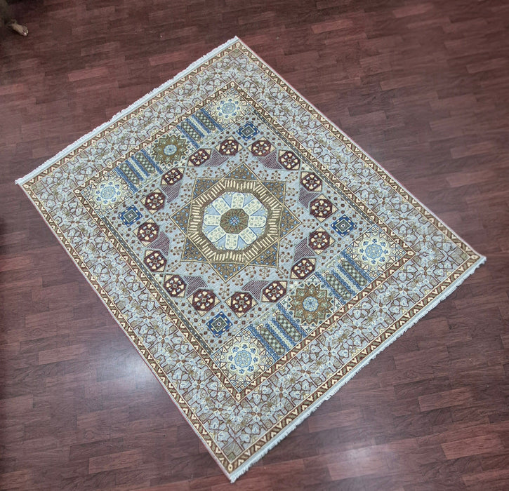 8x10 ft. Hand knotted carpet, Oriental Mumlook embossed design, Natural grey