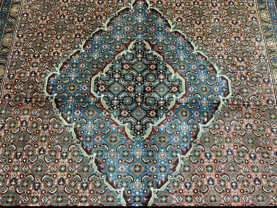 6’5” x 9’2” Hand-Knotted Persian Wool Rug – Brown & Teal Medallion Design