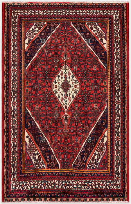 Handmade Persian Wool Area Rug 7x10 - Red, Ivory & Navy Tribal Medallion Persian Style Rug - Exact Size 9'11" x 7'0" - KBHM-773