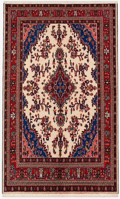 Handmade Persian Wool Area Rug 7x10 - Ivory, Red & Blue Floral Medallion Persian Style Rug - Exact Size 9'7" x 6'11" - KBHM-768
