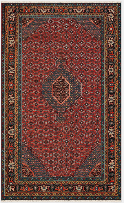 Handmade Persian Wool Area Rug 7x10 - Red, Blue & Brown Vintage Medallion Persian Style Rug - Exact Size 9'5" x 6'3" - KBHM-751