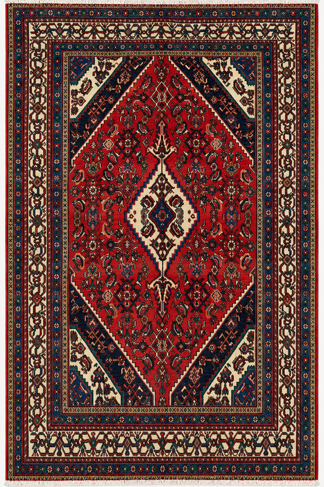 Handmade Persian Wool Area Rug 7x10 - Red, Navy & Ivory Tribal Medallion Persian Style Rug - Exact Size 10'7" x 6'11" - KBHM-750