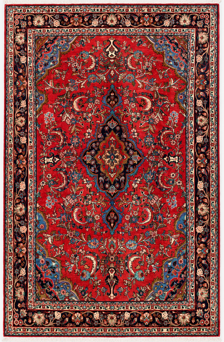 Handmade Persian Wool Area Rug 7x10 - Red, Navy & Ivory Floral Medallion Persian Style Rug - Exact Size 10'5" x 6'8" - KBHM-746
