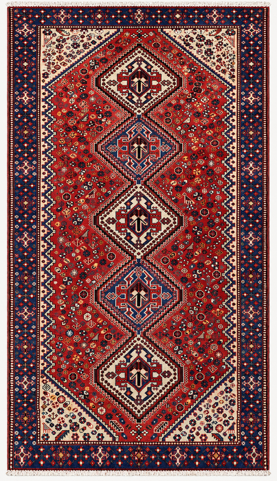 Handmade Persian Wool Area Rug 7x10 - Red, Blue & Ivory Tribal Geometric Medallion Persian Style Rug - Exact Size 9'10" x 5'4" - KBHM-741