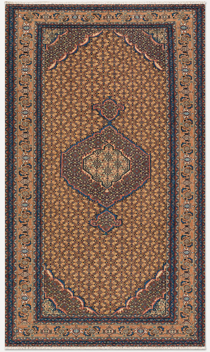 Handmade Persian Wool Area Rug 7x10 - Beige, Blue & Brown Vintage Medallion Persian Style Rug - Exact Size 9'4" x 6'3" - KBHM-729