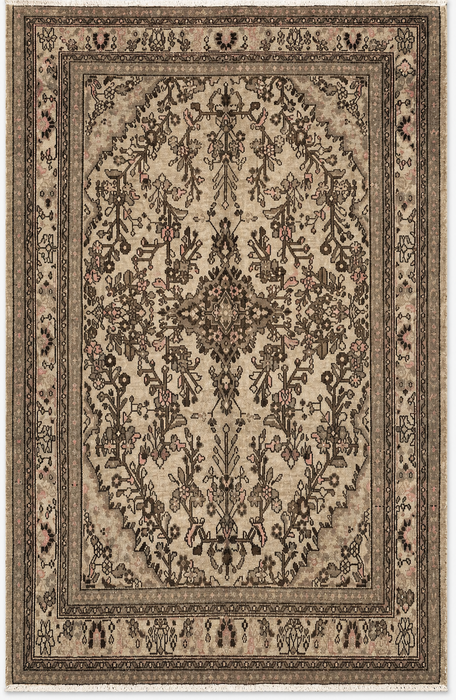 Handmade Persian Wool Area Rug 7x10 - Beige, Taupe & Soft Pink Vintage Floral Persian Style Rug - Exact Size 9'10" x 6'11" - KBHM-726