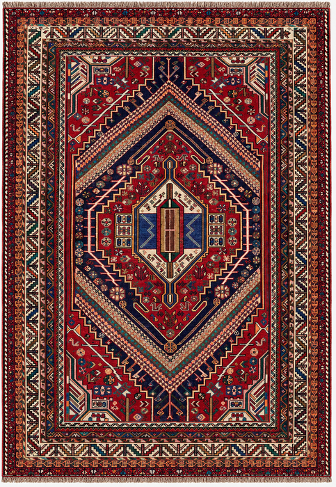 Handmade Persian Wool Area Rug 7x10 - Red, Navy & Ivory Tribal Medallion Persian Style Rug - Exact Size 8'10" x 6'2" - KBHM-720