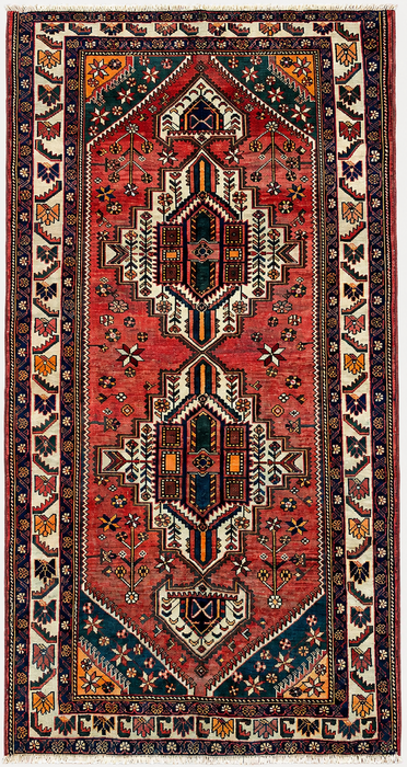 Handmade Persian Wool Area Rug 7x10 - Rose, Navy & Ivory Tribal Medallion Persian Style Rug - Exact Size 9'11" x 5'2" - KBHM-716