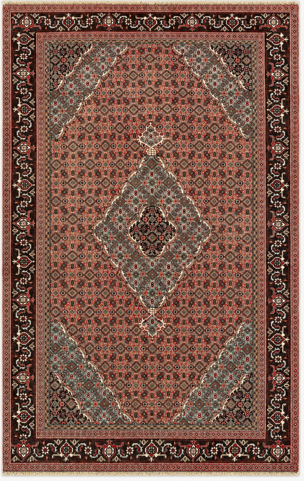 Handmade Persian Wool Area Rug 7x10 - Rose, Brown & Aqua Vintage Medallion Persian Style Rug - Exact Size 9'4" x 6'1" - KBHM-710