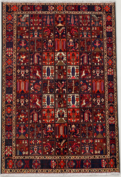 Handmade Persian Wool Area Rug 7x10 - Red, Navy & Ivory Tribal Panel Persian Style Rug - Exact Size 10'0" x 7'0" - KBHM-707