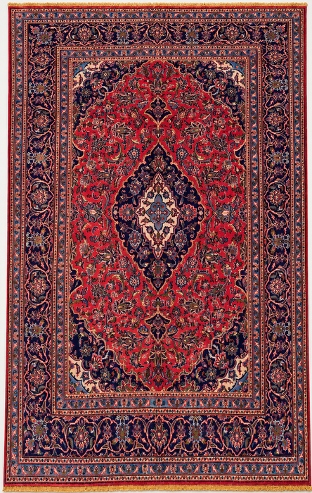 Handmade Persian Wool Area Rug 7x10 - Red, Navy & Ivory Floral Medallion Persian Style Rug - Exact Size 9'3" x 6'3" - KBHM-704