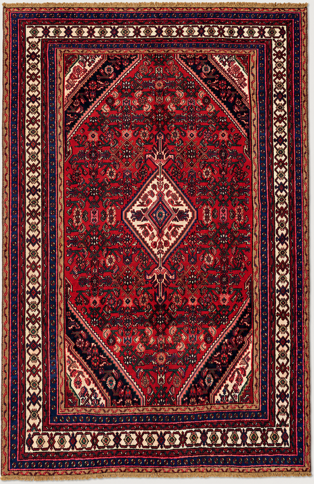 Handmade Persian Wool Area Rug 7x10 - Red, Navy & Ivory Floral Medallion Persian Style Rug - Exact Size 9'8" x 6'5" - KBHM-703