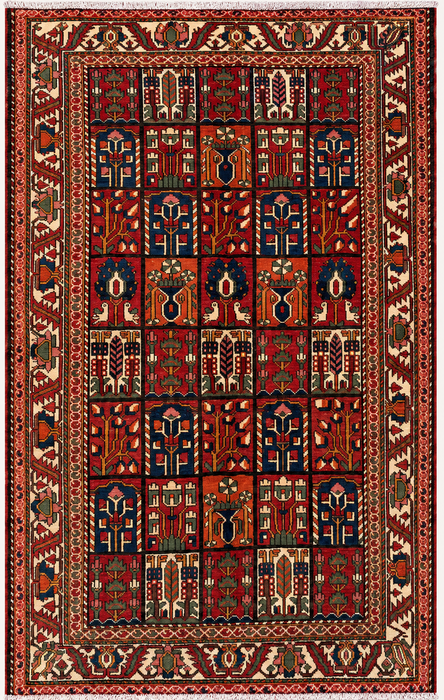 Handmade Persian Wool Area Rug 7x10 - Red, Navy & Ivory Tribal Panel Persian Style Rug - Exact Size 9'7" x 6'10" - KBHM-700