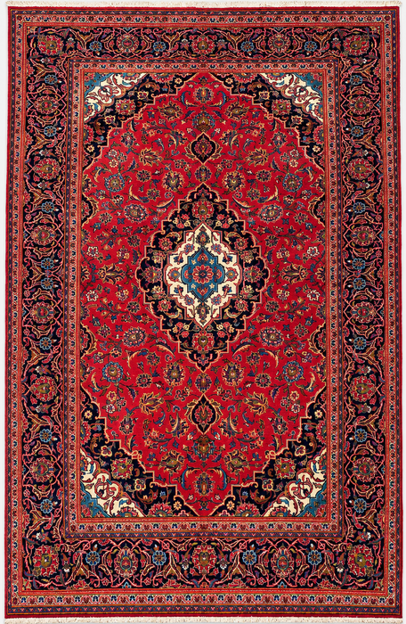 Handmade Persian Wool Area Rug 7x10 - Red, Navy & Ivory Floral Medallion Persian Style Rug - Exact Size 10'5" x 6'6" - KBHM-698