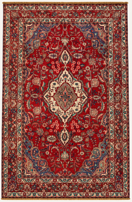 Handmade Persian Wool Area Rug 7x10 - Red, Navy & Ivory Floral Medallion Persian Style Rug - Exact Size 10'4" x 6'10"- KBHM-695