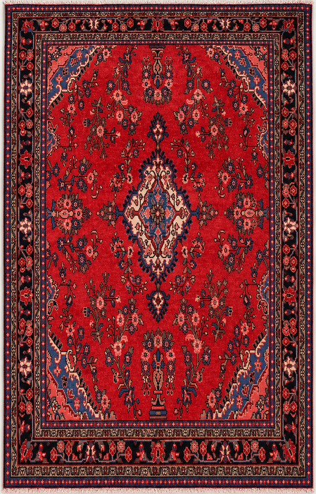 Handmade Persian Wool Area Rug 7x10 - Red Floral Medallion Persian Style Rug - Exact Size 9'7" x 6'11" - KBHM-687