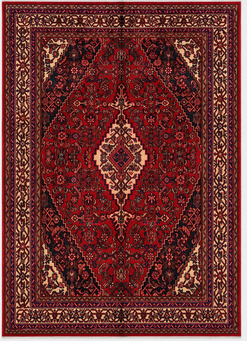 Handmade Persian Wool Area Rug 7x10 - Red, Navy & Ivory Traditional Geometric Medallion Persian Style Rug - Exact Size 10'2" x 6'11" - KBHM-1026