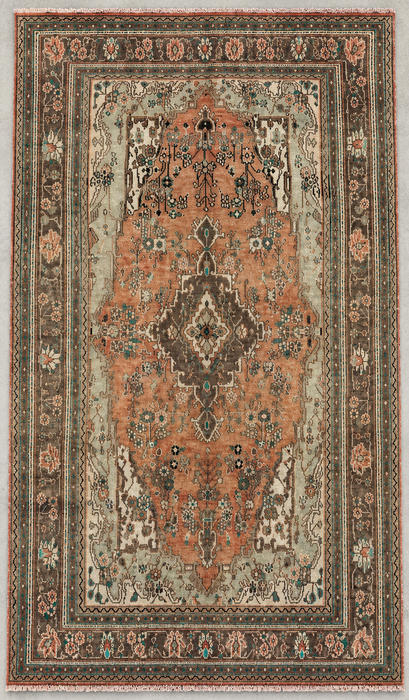 Handmade Persian Wool Area Rug 7x10 - Faded Beige & Peach Vintage Floral Medallion Persian Style Rug - Exact Size 10'3" x 6'5" - KBHM-938