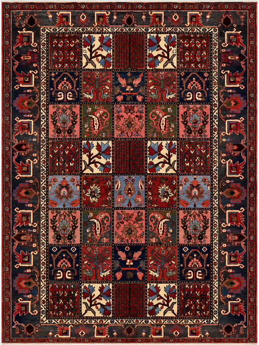 Handmade Persian Wool Area Rug 7x10 - Red Panel Persian Style Rug with Blue & Gray Tribal Border - Exact Size 10'1" x 7'0" - KBHM-854