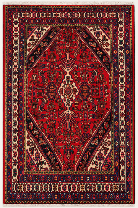 Handmade Persian Wool Area Rug 7x10 - Red Geometric Medallion Persian Style Rug with Ivory Border - Exact Size 9'1" x 6'8" - KBHM-851