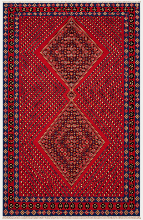 Handmade Persian Wool Area Rug 7x10 - Red Geometric Diamond Persian Style Rug with Navy Border - Exact Size 9'8" x 6'4" - KBHM-850
