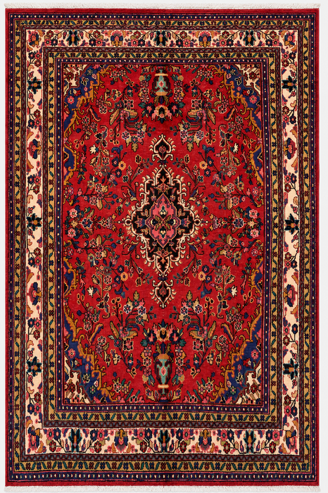 Handmade Persian Wool Area Rug 7x10 - Red Floral Medallion Persian Style Rug with Ivory Border - Exact Size 9'8" x 6'11" - KBHM-849