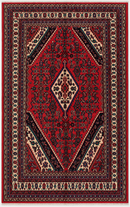 Handmade Persian Wool Area Rug 7x10 - Red Diamond Medallion Persian Style Rug with Ivory Border - Exact Size 9'8" x 6'10" - KBHM-848