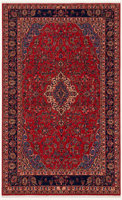 Handmade Persian Wool Area Rug 7x10 - Red Floral Medallion Persian Style Rug with Navy Border - Exact Size 10'4" x 6'11" - KBHM-846