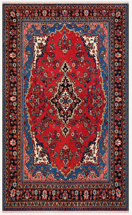 Handmade Persian Wool Area Rug 7x10 - Red Floral Medallion Persian Style Rug with Blue Border - Exact Size 9'11" x 7'0" - KBHM-841