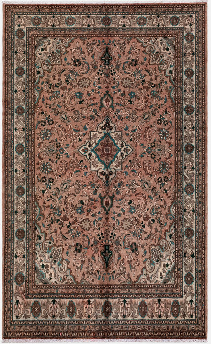 Handmade Persian Wool Area Rug 7x10 - Blush Beige Floral Medallion Persian Style Rug with Ivory Border - Exact Size 9'6" x 6'7" - KBHM-839
