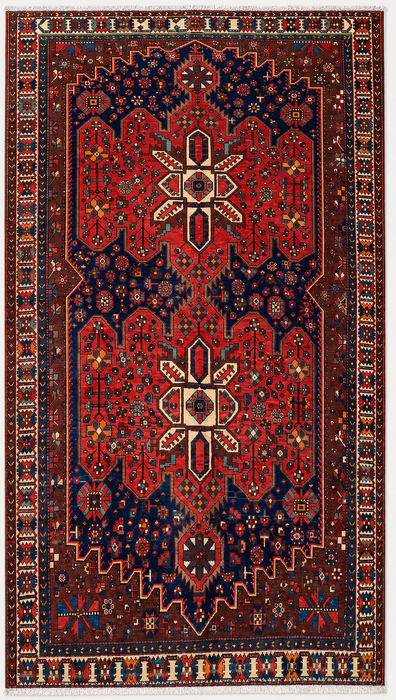 Handmade Persian Wool Area Rug 7x10 - Red Geometric Medallion Persian Style Rug with Navy Field - Exact Size 10'0" x 6'11" - KBHM-828