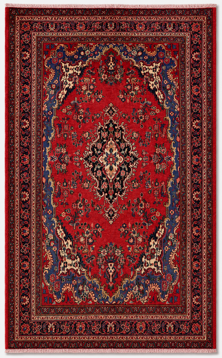 Handmade Persian Wool Area Rug 7x10 - Red, Blue & Ivory Floral Medallion Persian Style Rug - Exact Size 10'1" x 6'8" - KBHM-821